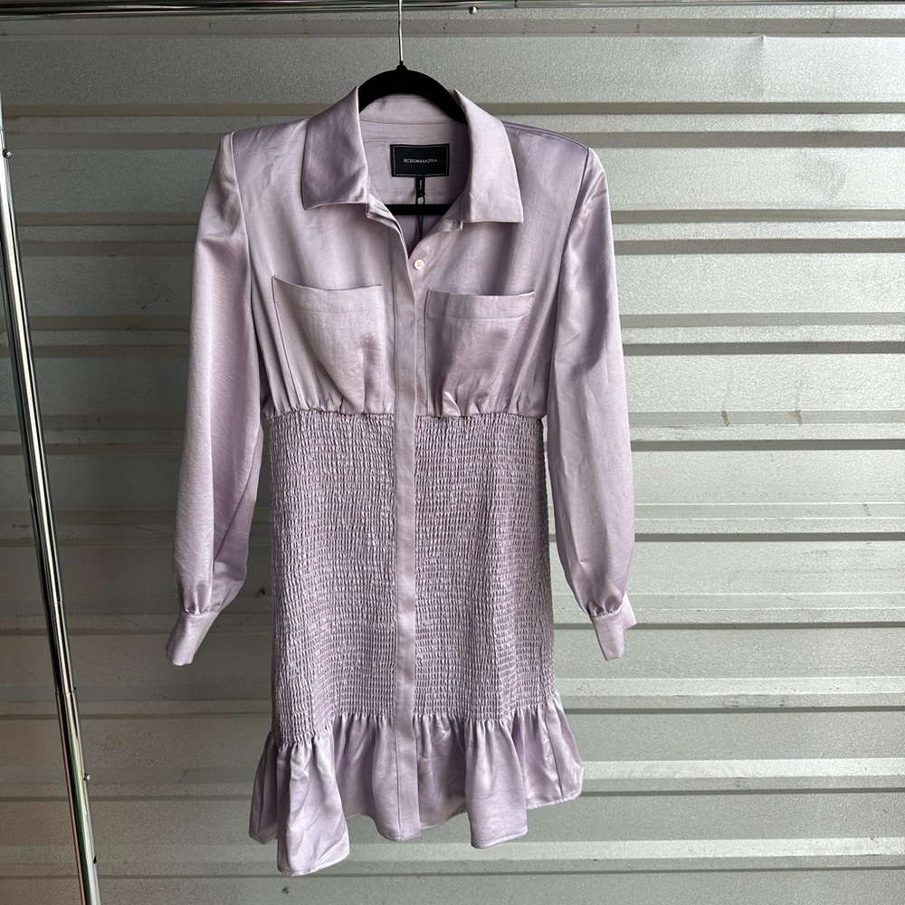 BCBG Purple Long Sleeve Notched Collar Dress